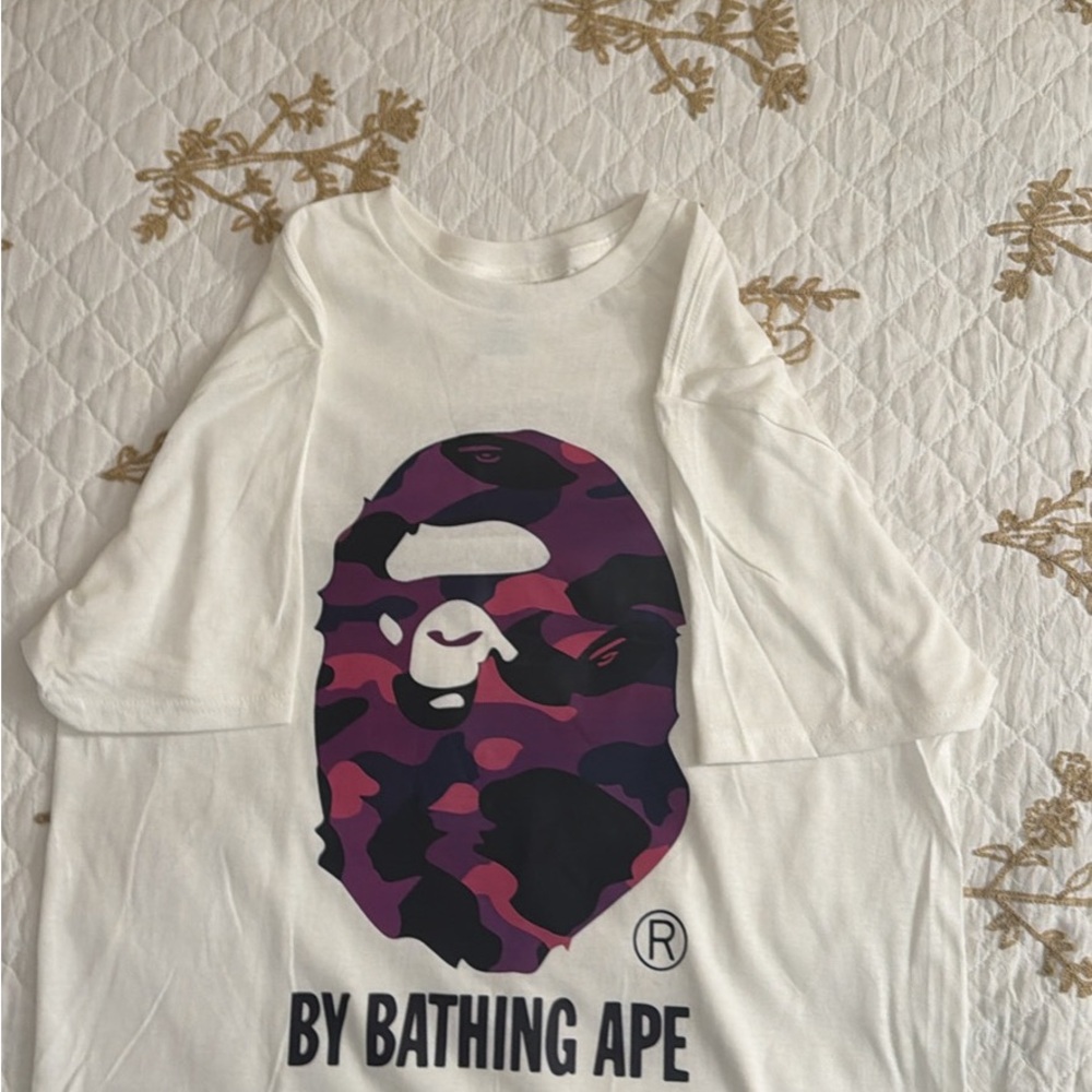 Bape White Tee with Purple and Black Camo Graphic